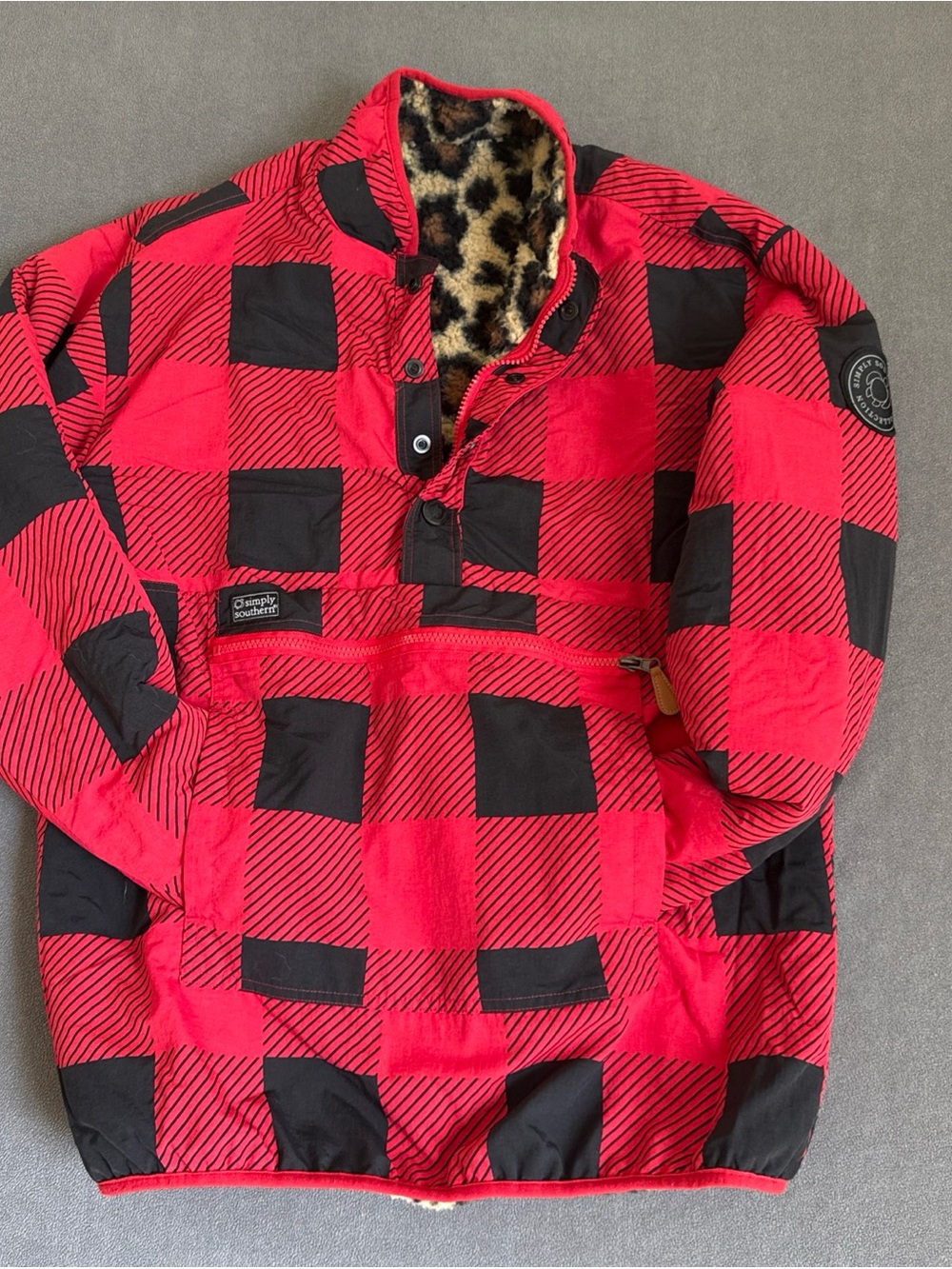Simply Southern Red and Black Buffalo Plaid Pullover with Leopard Lining